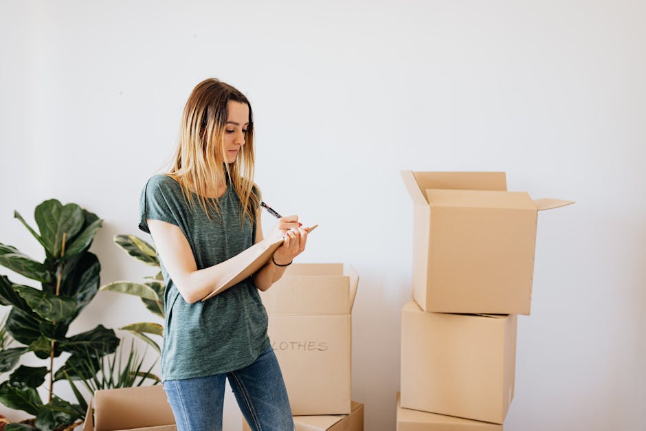 A man with long wavy hair, wearing a dark blue work jumpsuit and a patterned headband, stands indoors next to several cardboard boxes, one labeled 'GLASS' in red, and a white shelving unit holding a large potted plant and other small items. The scene appears to be part of a home relocation process, with the man possibly inspecting or organizing packing materials during furniture transport or packing and moving activities. The background features a textured light blue wall with a slightly weathered appearance, and the lighting is bright and natural, highlighting the scene's clarity. This image is associated with house removals and emergency relocation services offered by Man with Van Cranham.