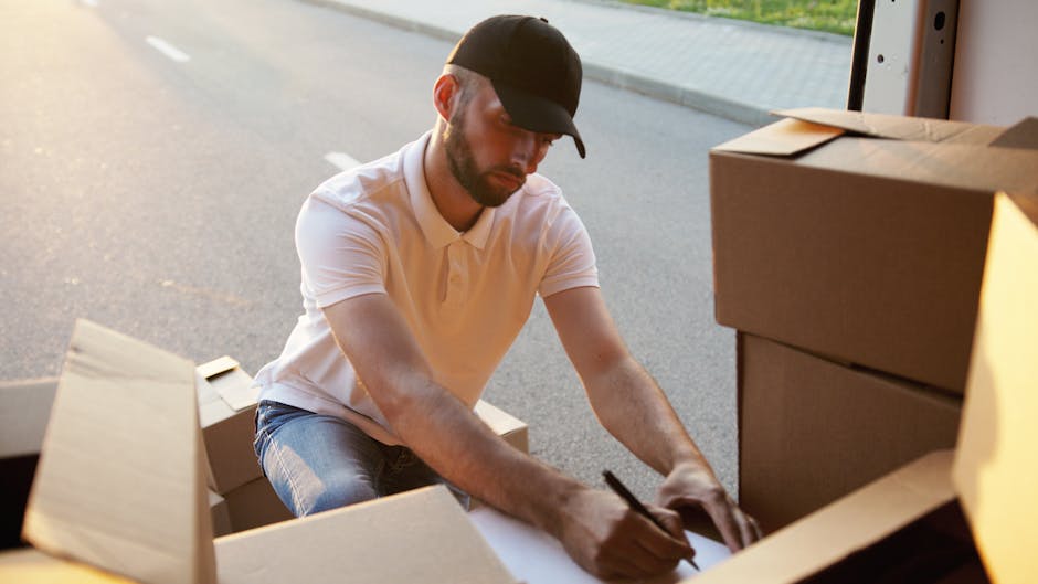 A man wearing a black cap, white polo shirt, and jeans is kneeling on a paved driveway next to an open cardboard box, which is partially filled with packing paper. He is using a black marker to label the box. Surrounding him are additional cardboard boxes, some stacked on top of each other, ready for packing or transport during a home relocation process. The background shows a white van with an open side door, positioned on the road near the driveway, indicating loading or unloading activity. The scene is illuminated by natural daylight, with a focus on organized packing and the logistics involved in furniture transport or moving services, as offered by Man with Van Cranham. The setting suggests a careful loading process typical of a professional removals service, emphasizing packing materials, boxes, and vehicle preparation for a household move.